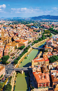 Murcia city centre and Segura river aerial panoramic view. Murcia is a city in south eastern Spain.