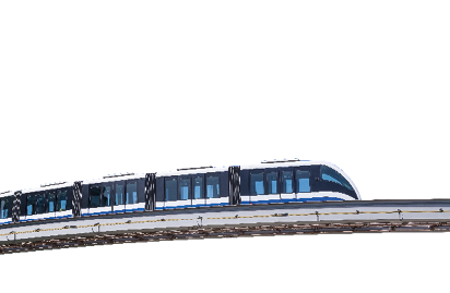 Monorail train moves on railway girder against background of blue sky
