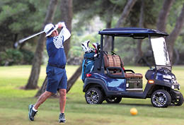 A man is swinging a golf club at a golf ball. Description generated by AI