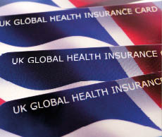 Two cards with the words UK Global Health Insurance Card on them. Description generated by AI