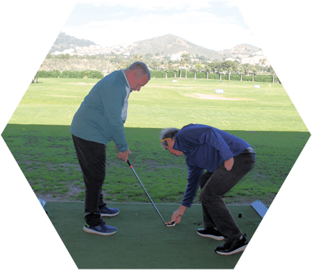 Two people playing golf. Description generated by AI