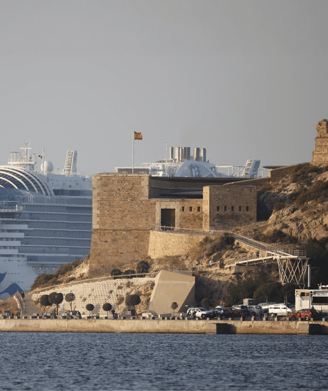 A large blue and white cruise ship is docked at a pier. Description generated by AI