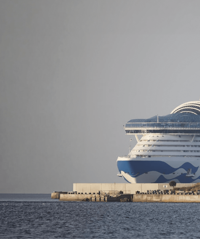 A large blue and white cruise ship is docked at a pier. Description generated by AI