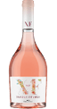 A bottle of pink wine with a white label. Description generated by AI