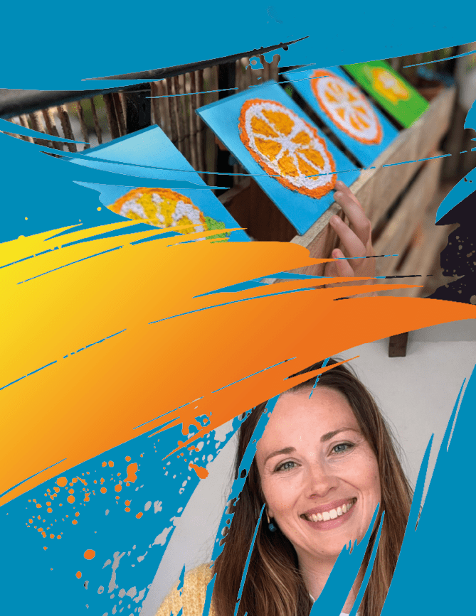 A woman smiling in front of a painting of an orange. Description generated by AI