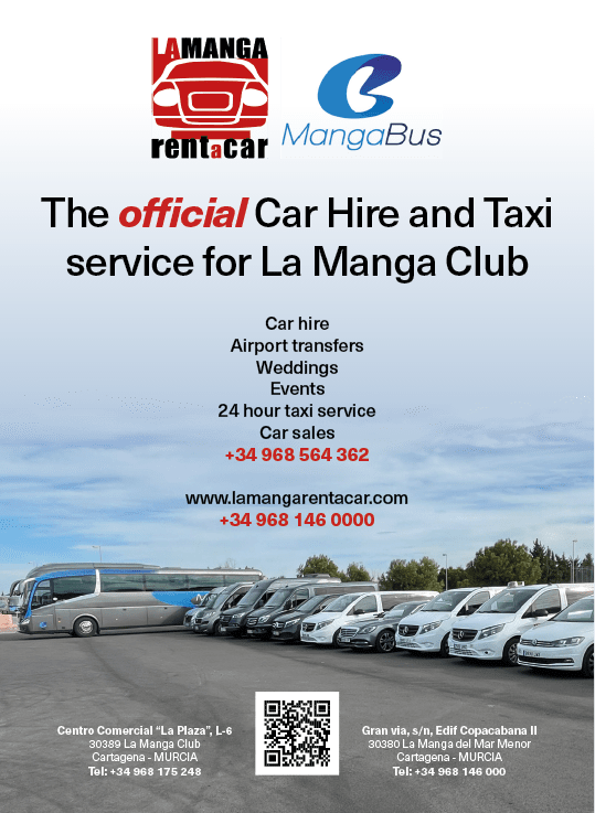 A white sign with a blue background and red letters that says “The Official Car Hire and Taxi Service for La Manga Club". Description generated by AI
