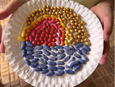 A plate with a sun and a beach scene on it. Description generated by AI