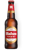 A bottle of Mahou beer with a red label. Description generated by AI