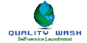 A stylized blue and green water droplet logo above the text “QUALITY WASH" in blue and "Self-service Laundromat" in green italic font. Description generated by AI
