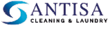 A logo featuring a stylized blue swirl next to the text “ANTISA" in large navy letters and "CLEANING & LAUNDRY" in smaller black capital letters underneath. Description generated by AI