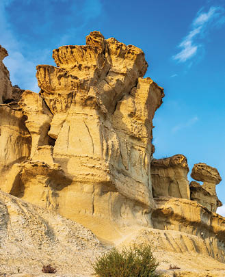 A rock formation with a small tree growing in front of it. Description generated by AI