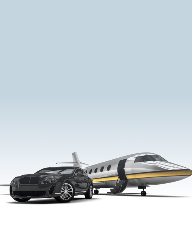 A black car is parked next to a silver jet. Description generated by AI