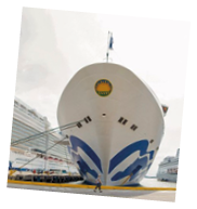 Two large cruise ships docked at a pier. Description generated by AI