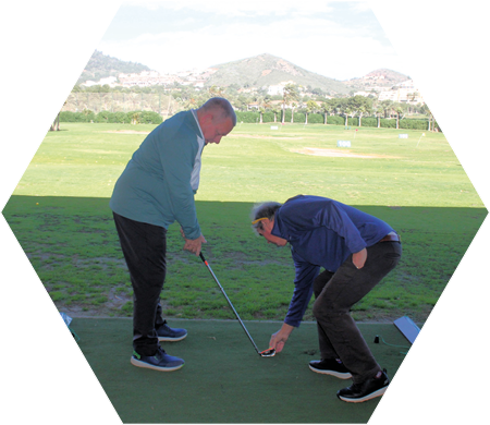 Two people playing golf. Description generated by AI