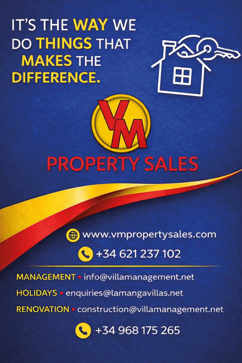 A blue and yellow advertisement for Villa Management. Description generated by AI