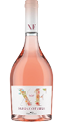 A bottle of pink wine with a white label. Description generated by AI