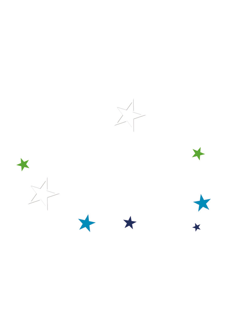 A white starry background with green, blue, and purple stars. Description generated by AI