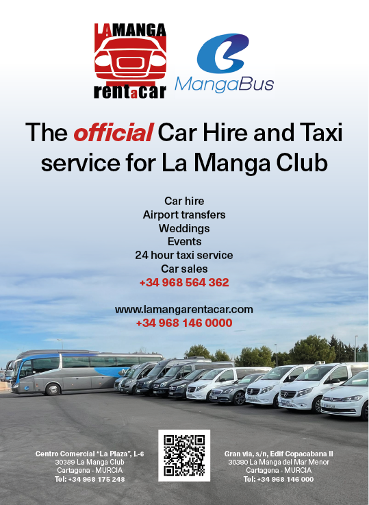 A white sign with a blue background and red letters that says “The Official Car Hire and Taxi Service for La Manga Club". Description generated by AI