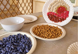 A table with a bowl of purple beans, a bowl of yellow beans, a plate of red beans, and a plate of brown beans. Description generated by AI