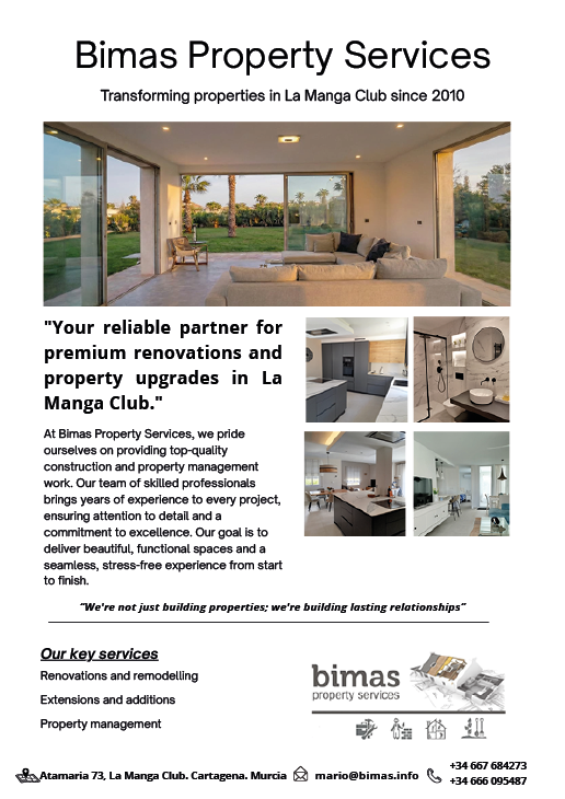 A flyer for BIMAS Property Services shows a before and after of a living room. The before shows a couch and a chair, while the after shows a couch, chair, and a dining table. The flyer also mentions a remodeling project in La Manga Club. AI generated content