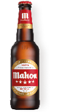 A bottle of Mahou beer with a red label. Description generated by AI
