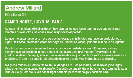 Andrew Millard H ndicap 24 CAMPO NORTE, HOYO 16, PAR 3 Aunque mi h ndicap oficial es de 24, hay d as en los que juego   
