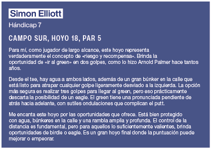 Simon Elliott H ndicap 7 CAMPO SUR, HOYO 18, PAR 5 Para m , como jugador de largo alcance, este hoyo representa verda   