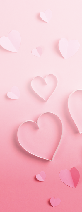 Composition for Valentine's Day February 14th  Delicate pink background and pink hearts cut out of paper  Greeting card  Flat lay, top view, copy space